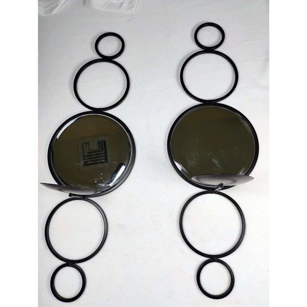 Mid Century Modern Wall Sconces Pair Black Metal Mirror Candle Holders Geometric